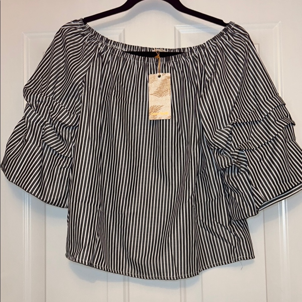 Coconut Republic Striped Off-The Shoulder Top L Charcoal/White NWT Minimalist
